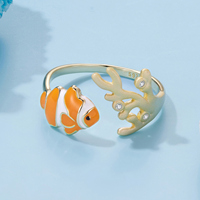 Anillo Abierto de Plata de Ley 925 con Diseño de Pez Payaso, Joyería Original con Temática Oceánica, Anillos Ajustables con Diseño de Pez Coral, Regalo de Playa para Mujeres y Niñas BSR760