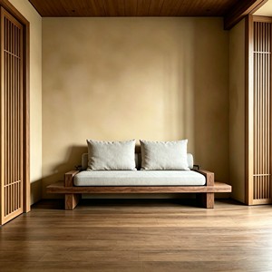 Divano a Due Posti in Legno Massello Stile Wabi-Sabi con Rivestimento in Cotone e Lino Rimovibile e Lavabile per Villa, Hotel, Piccolo Appartamento, Caffè, Sala da Pranzo, Bar - Product Image 3