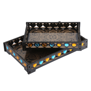 Wholesales Black Carved Wood Stick Plastic Diamonds Food Tray For Hotel Restaurant Home Serving Tray With Handle