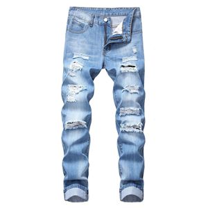<span class=keywords><strong>Jeans</strong></span> de Hombre Ajustados Personalizados de Fábrica China, Cintura Media, Color Sólido, Lavado Claro Medio, Estilo Recto con Agujeros para Todos - Product Image 1