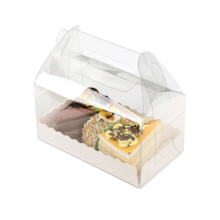 High Quality Recycled PET Plastic Portable Dessert Pastry Cup Cake Box Transparent Swiss Roll Cake Boxes With Handle