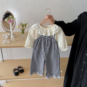 Autunno bambino Plaid tuta a maniche lunghe 2 pezzi Set alla moda pantaloni per bambini Set abbigliamento per ragazze - Product Image 1