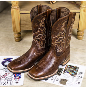 Bottes de cowboy en cuir <span class=keywords><strong>marron</strong></span> pour hommes, cousues Goodyear, de haute qualité, à bout carré, style western, nouvelle tendance - Product Image 1