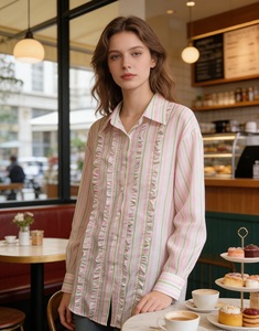Chemise à volants rayée rose et verte de style français pour femmes, nouvelle chemise à manches longues ample et ajustée pour la protection solaire en été - Product Image 3