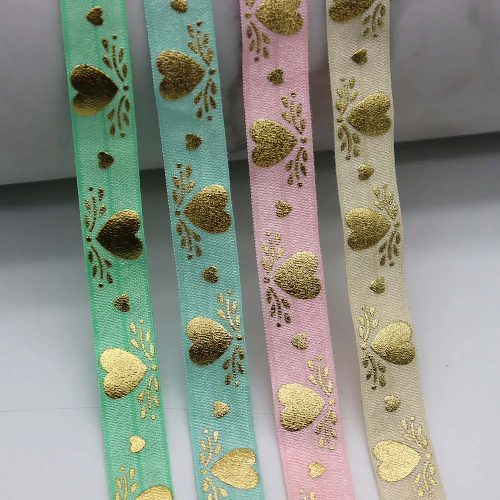 Valentine's Day custom gold foil hearts printed elastic ribbon for DIY hair tie hair accessories