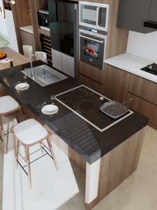 Meubles <span class=keywords><strong>de</strong></span> <span class=keywords><strong>cuisine</strong></span> gris bicolores à étagères ouvertes avec îlot <span class=keywords><strong>de</strong></span> <span class=keywords><strong>cuisson</strong></span> intégré - Solutions <span class=keywords><strong>de</strong></span> rangement contemporaines pour la <span class=keywords><strong>cuisine</strong></span> à domicile - Product Image 4