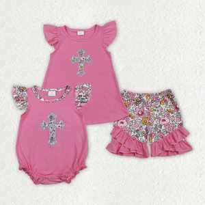 Vêtements de printemps pour filles RTS, broderie florale, manches bouffantes roses, vêtements pour enfants pour Pâques - Product Image 6