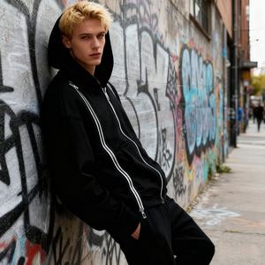 Sudadera con Capucha de Diseño Personalizado Estilo Urbano Americano con Triple Cremallera, de Gran Gramaje, Corte Holgado, Lavado Ácido, Oversize, Unisex - Product Image 2