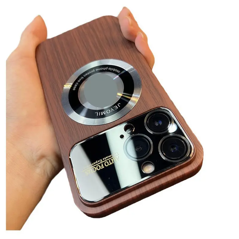 Convient pour iPhone14/13/12/11/15 Pro Max étui de téléphone portable grande fenêtre grain de bois fuite magnétique standard lentille protection ca