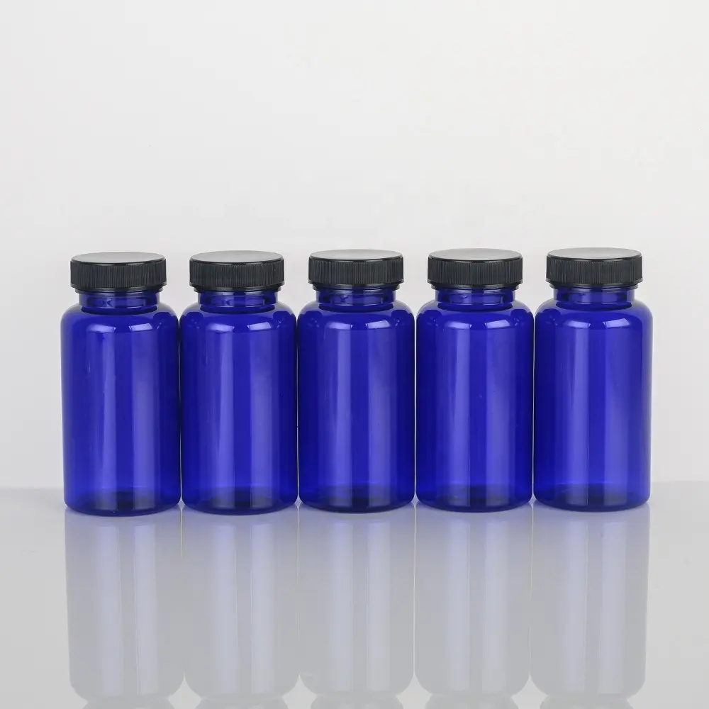 Recycled 150cc Blue PET Plastic Supplement Bottle Plastic Spice Jars Jars with Lids Supplement Pill Bottle With Lid