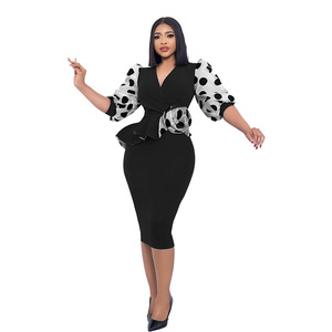 Robe Midi Crayon Élégante pour Femme, Col en V, Imprimé à Pois, Manches Mi-Longues Bouffantes, Couleur Unie, Style Africain <span class=keywords><strong>Falbala</strong></span>, Idéale pour le Bureau en Été - Product Image 5