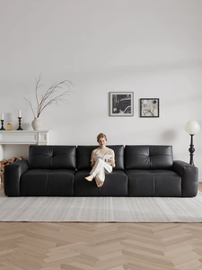 Sofá de Salón Moderno de Cuero Negro para el Hogar, de Tres Plazas, Respaldo Firme, Brazos Rectos, Sofá Clásico - Product Image 1
