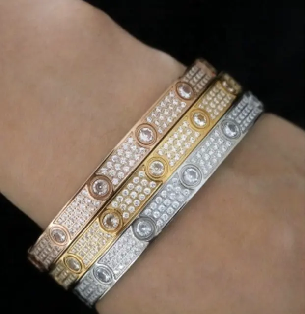 wholesale custom stainless steel 18K gold plated fashion jewelry crystal zircon stone love cuff bracelet bangle for women men