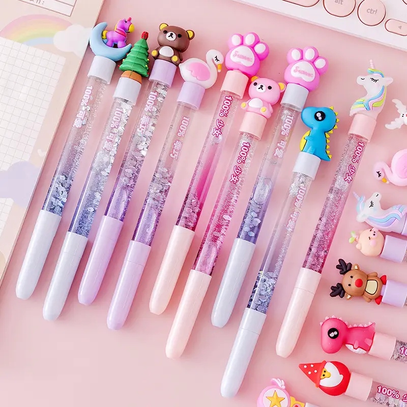 Vente en gros de stylo à bille de dessin animé Kawaii, cadeau promotionnel, stylo coréen mignon de 0.5mm, papeterie scolaire, stylo gel à paillettes