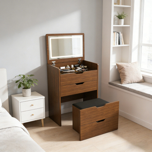 3-in-1 Solid Wood Vanity Desk Lighted <b>Mirror</b> Stool Flip Top Makeup Dressing Table <b>Compact</b> Storage Bedroom Bathroom - Product Image 2