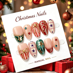 30 Uñas Postizas de Navidad con Diseño de Almendra, Adornos 3D con Lazo Dorado, Elegantes Uñas Francesas, Manicura Festiva para Fiestas - Product Image 4