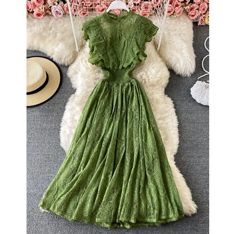 Fashion Spring And Autumn Sleeveless Elegant Ruffle Black Green Formal Lace Maxi Dress