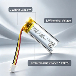 350mAh 3.7V Lithium Polymer Battery 751437 LiPo Cell 1.295Wh UL1642 <b>Portable</b> Electronics - Product Image 5