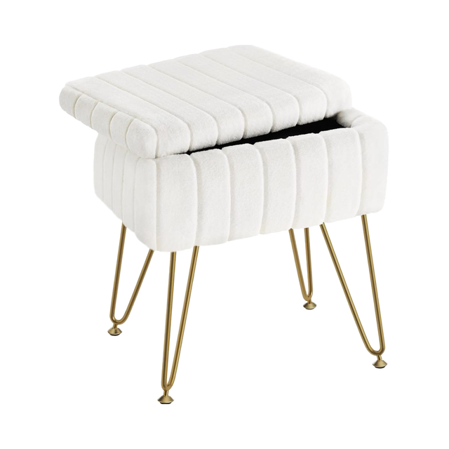 Modern Anti-Slip Vanity Stool Chair 4 Metal Legs Foldable Faux Fur Storage Ottoman Multifunctional Fabric Ottoman Living Room