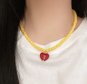 Zooying sweet candy color beads girl choker necklace with resin heart pendant necklace