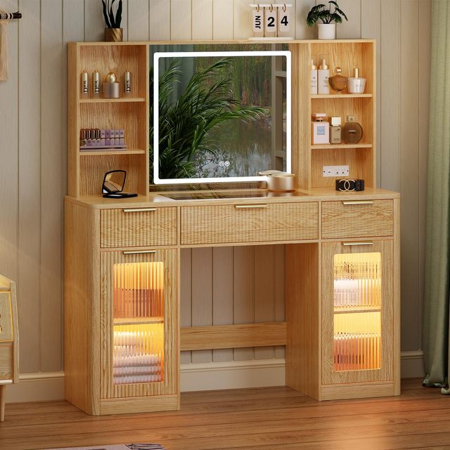 OEM Modern Large Fluted Makeup Vanity Desk LED Mirror Light Glass Top 3 Drawers 2 Cabinets Adjustable Charging Station Bathroom