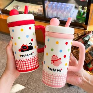 Apple Pig Ceramic Straw Mug With <b>Lid</b> And Handle Cartoon Pattern Office <b>Coffee</b> <b>Cup</b> For Women Large Capacity - Product Image 5