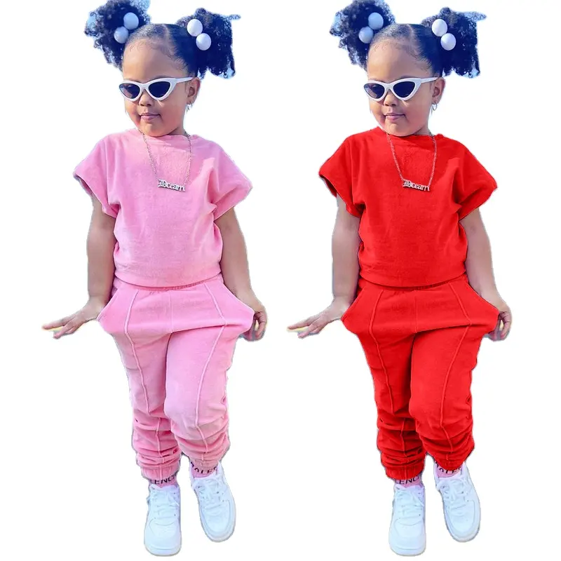 RD2022 New arrive Fashion kid two piece cotton set 2 color sets short sleeve hoodie two-piece child's wear outfits kid boutique