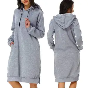 Groothandel Lange Mouw Capuchon Zak Tuniek Jurk Pullover Hoodie Jurk Winter Sweatshirt Vrouwen Lange Mouw Effen Kleur Maxi Jurk