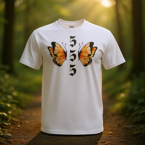 T-shirt unisexe à manches courtes et col rond avec motif papillon et numéro d'ange 555 pour un sens spirituel, impression numérique - Product Image 3