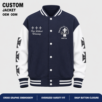 Vestes pour hommes personnalisées bleu marine en laine avec manches en cuir blanc, broderie croix de fer, boutons-pression gothiques côtelés pour streetwear décontracté
