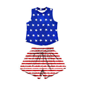 GSSO3519 Conjunto de Ropa de Verano para Niña, Diseño Personalizado con Lazo Azul y Estampado de Bandera del 4 de Julio, Venta al Por Mayor, Sin Mangas - Product Image 4