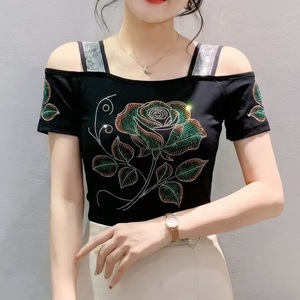 <span class=keywords><strong>Top</strong></span> verde a spalle scoperte con strass lucidi e fiori in rete, maglietta a maniche corte per discoteca, t-shirt da festa - Product Image 2