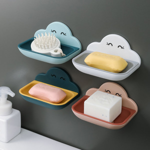 Cloud Shaped Soap Dish Wall Mounted Double Layer <b>Draining</b> Design For Bathroom Soap Storage With Cartoon Pattern Plastic Material - Product Image 2