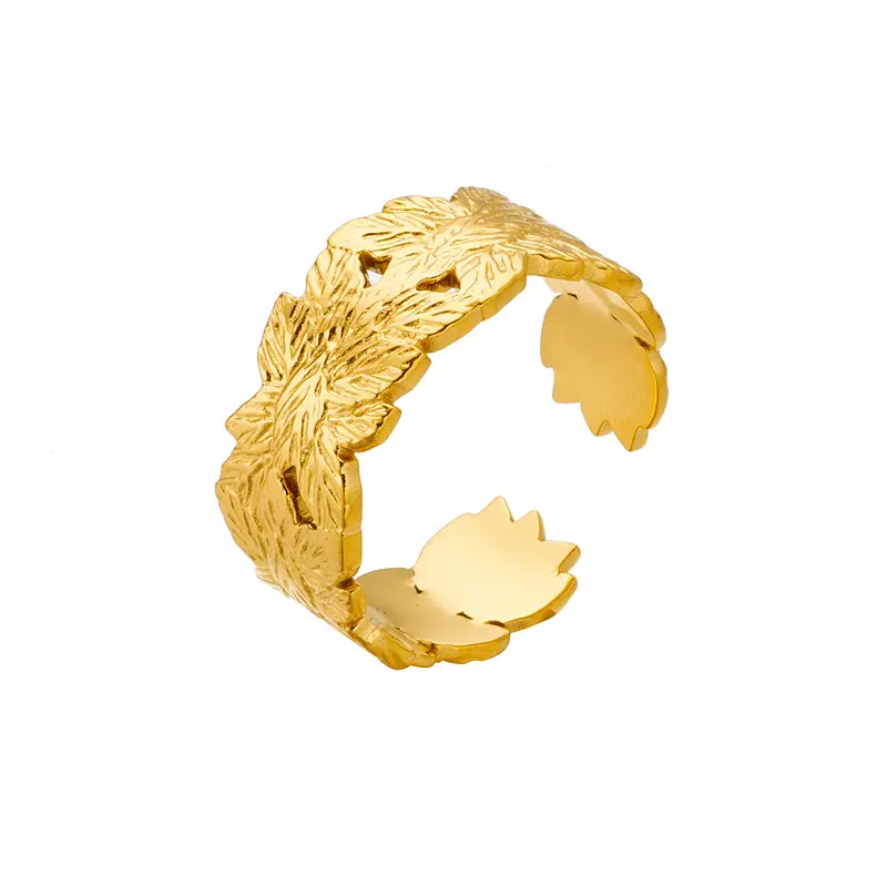 Mode geschenke Breiter 18 Karat vergoldeter Blatt ring Pop Nicht verblassender offener verstellbarer Edelstahl ring für Frauen