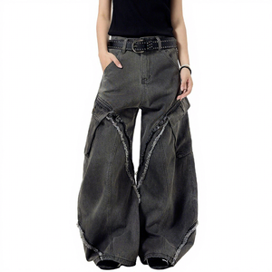 Jean en denim coupe bootcut unisexe, surdimensionné, à franges et patchwork, vintage, taille mi-haute, délavé moyen, ODM, été hiver, style urbain - Product Image 1