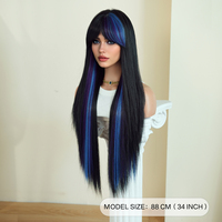 Perruques synthétiques longues et droites de 34 pouces, ombrées noir à bleu, avec mèches, franges, en fibre résistante à la chaleur, aspect mat naturel