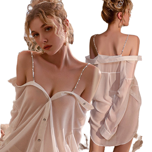 ชุดยูนิฟอร์มผ้าชีฟองซีทรูสำหรับสตรี,ชุดเดรสใส่<span class=keywords><strong>นอน</strong></span>สไตล์เซ็กซี่เปิดไหล่ - Product Image 1