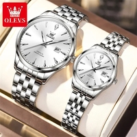 OLEVS 5598 Montre de couple Loisirs Classique Acier inoxydable Romantique Luxe Aiguilles lumineuses Montres à quartz japonaises Calendrier Montre-bracelet