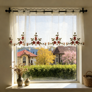 Tenda Corta Trasparente <span class=keywords><strong>con</strong></span> Ricamo a Rose e Bordo in Pizzo Ondulato, <span class=keywords><strong>con</strong></span> Tasca per Asta, per Cucina, Balcone, Caffetteria, Arredamento Casa - Product Image 3