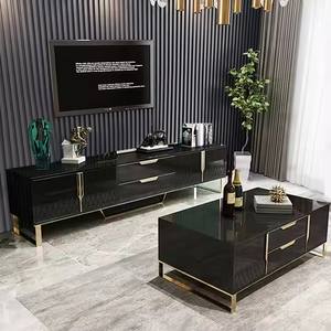 Meubles de salon modernes et luxueux Table basse blanche avec <span class=keywords><strong>pied</strong></span> en acier inoxydable noir Plateau en verre Meuble <span class=keywords><strong>TV</strong></span> Panneau en bois - Product Image 1