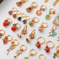 Boucles d'oreilles créatives détachables en émail coloré de style néo-chinois pour le dropshipping : lapin, papillon, tulipe, nœud, et créoles dorées
