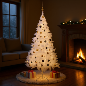 Sapin de Noël artificiel blanc en PVC de 82,7 pouces pré-éclairé avec un ensemble de boules, LED chaudes, base autoportante pour intérieur - Product Image 2