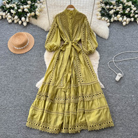 Robes pour femmes, robe en dentelle vintage, robe à manches lanternes creuses, robe à nouer à la taille, robe boutonnée, robe élégante pour femmes