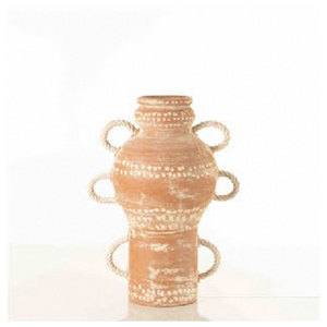 Jarrón cilíndrico de terracota artesanal Sellease, decorativo, con asas de cuerda gruesa y patrón de lunares blancos. - Product Image 4