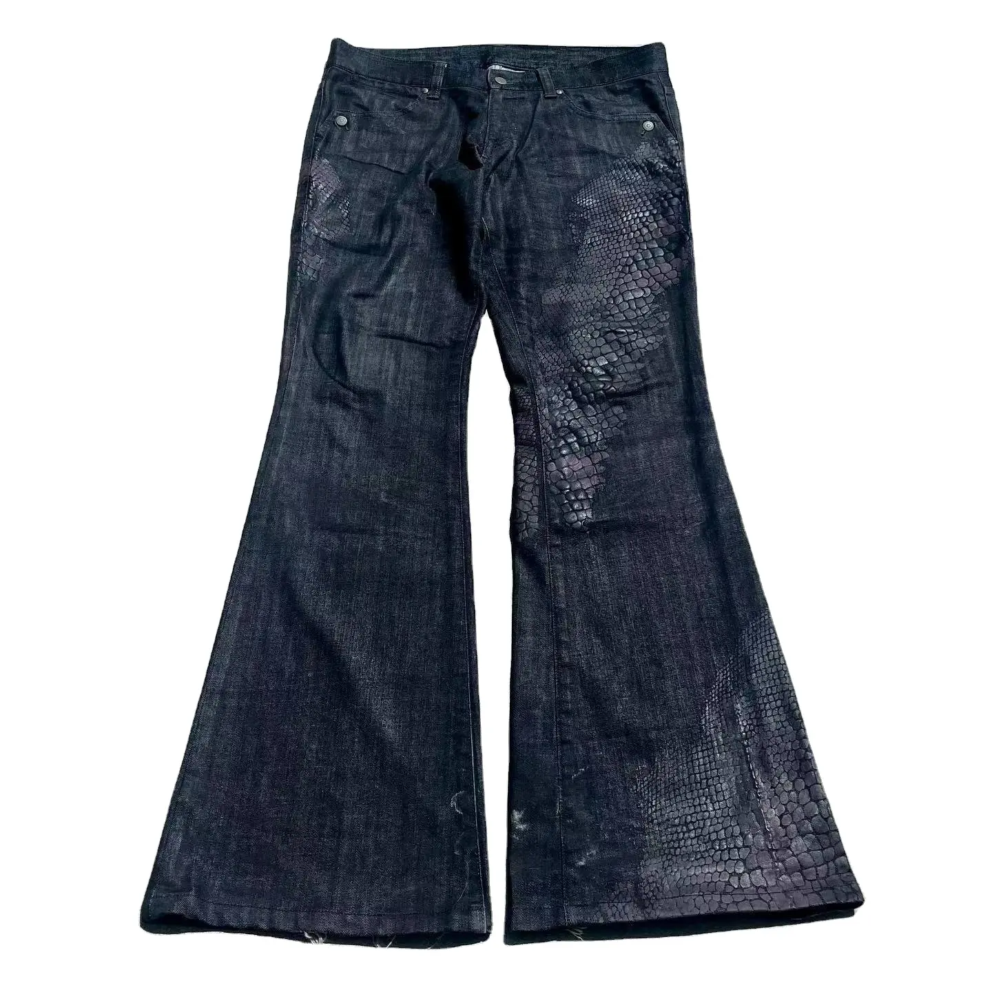 Custom Jeans longgar pria pola buaya hitam, Jeans dekorasi tali Retro trendi modis