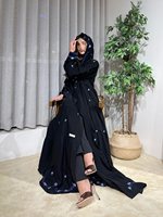 Abaya de Luxe Noire Hafizah pour Femme, Robe de Soirée Musulmane Bleu Foncé Broderie Florale, Kaftan Élégant Dubaï Turquie 2026