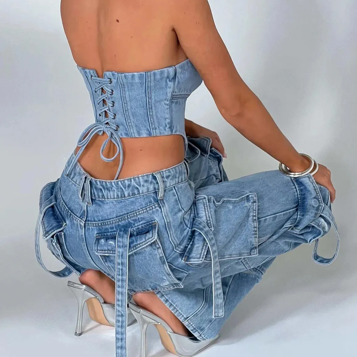 Mujer última moda Otoño casual 2 piezas conjunto ropa recta pierna ancha Denim cargo jeans trajes mujeres