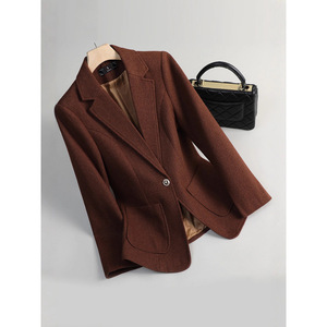 Women's Coffee-colored Long Sleeve Blazer Jacket <b>Wool</b> Blend Anti-Wrinkle Leisure Wear Autumn Winter Style - Product Image 1