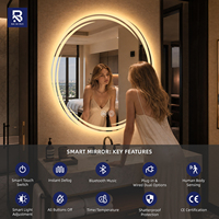 Miroir LED rond intelligent pour hôtel avec affichage de l'heure numérique, double éclairage, anti-buée, intensité réglable, idéal pour les projets de chambres d'hôtel de luxe