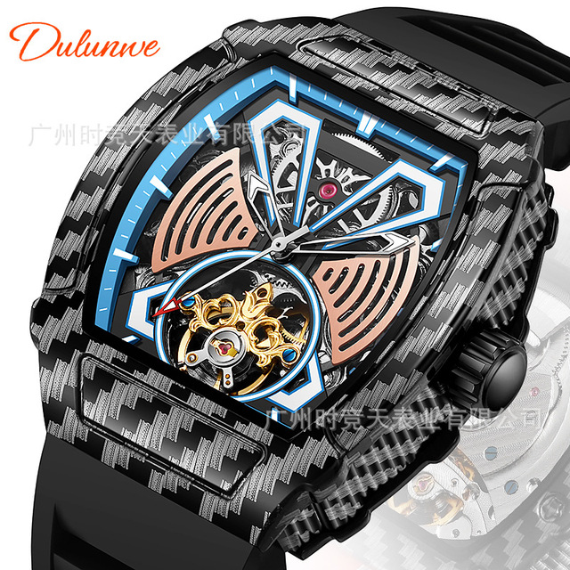 Genuine 2025 New Carbon Fiber Design Barrel Automatic Watch Trendy Sports Luminous Waterproof Mechanical Watch